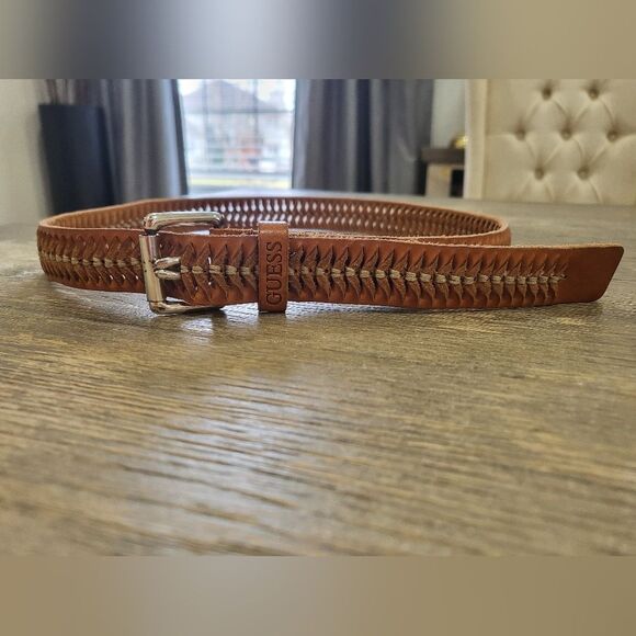 Guess Tan Leather Stitch Braid Belt SZ XL 920003 Silver Tone Solid Brass DOUBLE - Picture 1 of 9